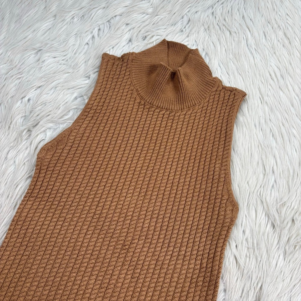 Elie Elie Tahari Women's S Brown Rope Knit Mock Neck Sleeveless Knit Sweater Top - Picture 2 of 6